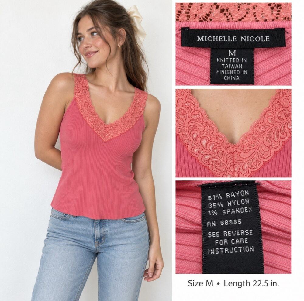 Y2K Indie Cottage core Michelle Nicole Lace Trim Ribbed Tank Top Sz M Coral Pink